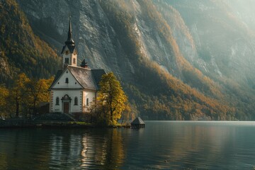 Aufkleber - A small church located on a small island in the middle of a lake, surrounded by calm waters and lush vegetation