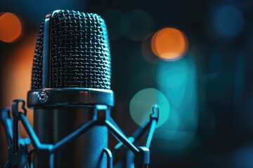 Poster - A close-up shot of a microphone with a blurred background, perfect for use in presentations or music-related concepts