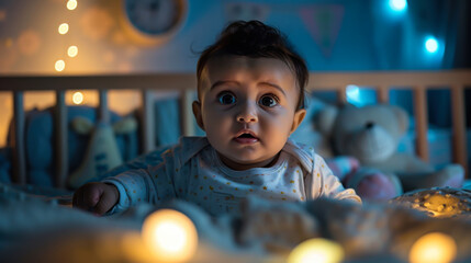 A close-up shot of a baby lying on a soft bed at night. A small child will grow up indoors.