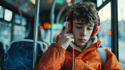 Wall Mural - A young guy listens to music on headphones while sitting on a bus.