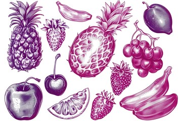 Wall Mural - A variety of fruits and vegetables arranged on a white background