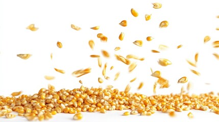 Wall Mural - A close-up of corn kernels falling onto a white background.