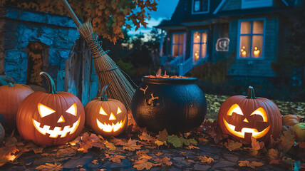 a photo of a halloween night scene with a spooky