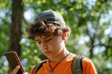 Sticker - A young boy examines his cell phone, likely absorbed in social media or gaming