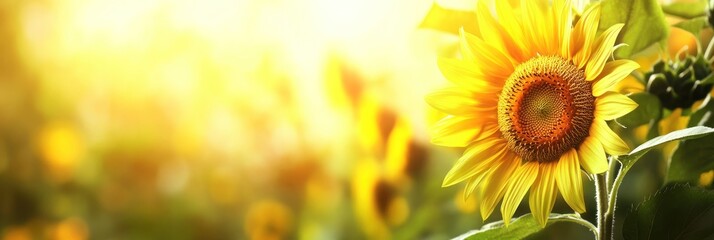 Wall Mural - Close-up of a Sunflower with Sunlit Field in the Background