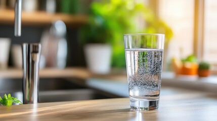 A glass of sparkling clear water sits on a wooden kitchen countertop with blurred green plants in the background, illuminated by natural sunlight from a window.