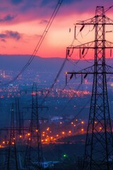 Poster - Urban landscape with buildings and transmission lines against a colorful sunset sky