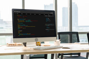 Software development programming on computer screen for modish application and program coding