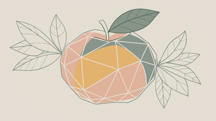 Wall Mural - Geometric peach fruit illustration with leaves in pastel colors