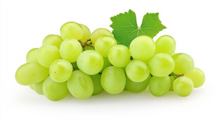 A bunch of green grapes with a leaf on a white background.