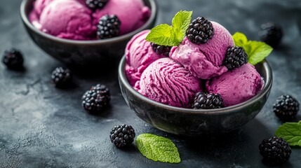 Blackberry ice cream served in bowls with fresh mint leaves on a dark background