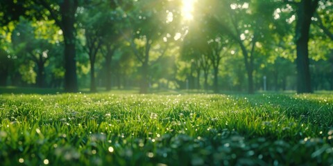 Poster - A serene natural scene featuring a field of green grass and sunlight peeking through tree branches, perfect for using in calm or peaceful settings