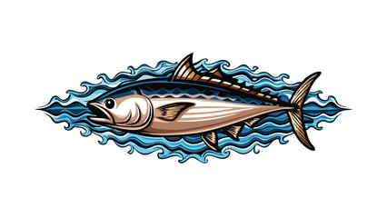 Illustrate a tuna fish in a realistic vector style, swimming through blue waves.