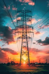 Poster - Sunset landscape with power lines in the foreground