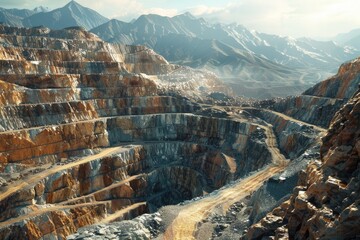 Aufkleber - A large open pit in the midst of a mountain landscape, suitable for use as a background or reference image