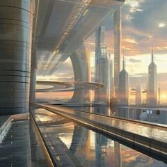 Futuristic Cityscape with Reflective Pool