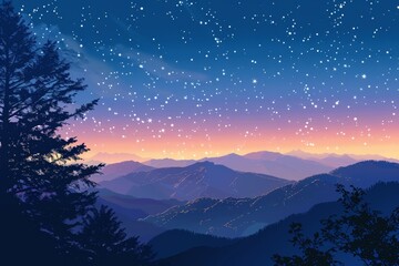 Canvas Print - A beautiful mountain range with a clear blue sky and a few stars