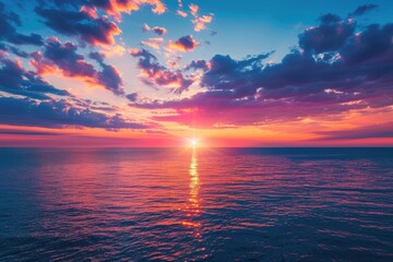 Aufkleber - A serene scene of a sunset over the ocean with fluffy clouds, perfect for a calm atmosphere