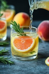 refreshing peach drinks with rosemary on a rustic table