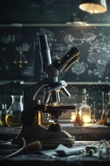 Poster - Microscope sitting on a wooden table, suitable for laboratory or research settings