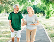 © Lumos sp - outdoor senior fitness woman man lifestyle active sport exercise healthy fit couple running jogging elderly mature having fun laughing talking together friend hug break