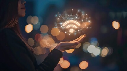Poster - Woman holding a glowing wifi symbol in her hand with bokeh background.