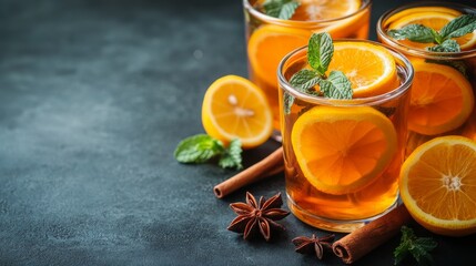 Wall Mural - Refreshing citrus drink with mint, orange slices, and spices on a dark tabletop