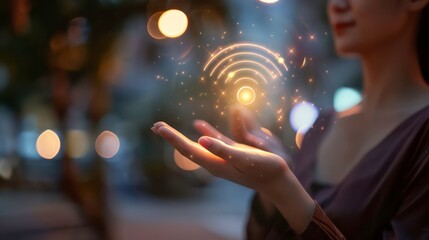 Poster - Woman's hands cupped together with a glowing circle above, with a bokeh background.