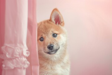 Wall Mural - A cute little dog is peeking out from behind a curtain