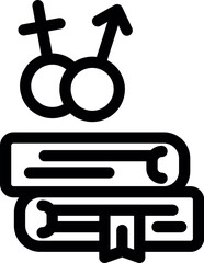 Wall Mural - Gender studies concept icon, male and female symbol over a pile of books, simple black and white vector illustration