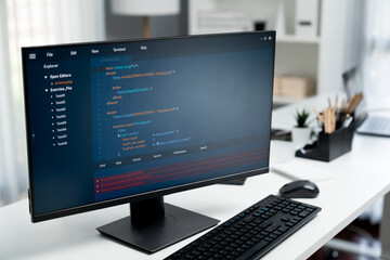 Poster - Program coding showing on pc monitor standing on desk working with empty developing engineer at modern office on break time to load server. Screen full stack data analyzing website design. Postulate.