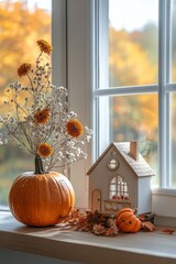 Sticker - Autumn decor with dried flowers, a pumpkin, and a wooden house near a sunlit window