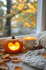 Poster - Cozy autumn scene with a pumpkin, candle, cinnamon sticks, and autumn leaves