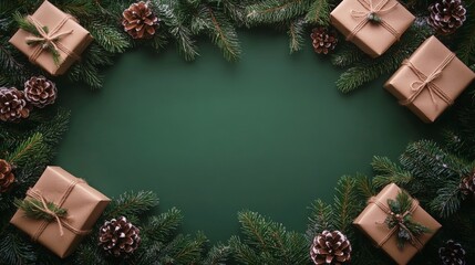 Wall Mural - Festive holiday decorations with green gifts and pine cones on a dark green background