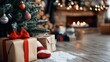 © Pinklife - A warm and inviting indoor scene featuring a Christmas tree adorned with red and white ornaments, a cozy fireplace, snow-dusted floor, and an assortment of carefully wrapped gifts.