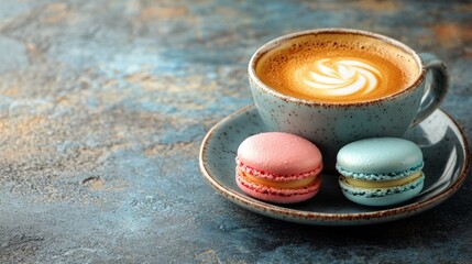 Cozy coffee with colorful macarons on a stylish table