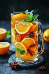 Hot citrus drink with mint and spices on a wooden board against a dark background