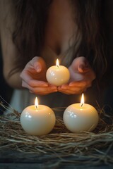 Wall Mural - Delicate hand adjusting white candles on a rustic wooden base surrounded by natural decor