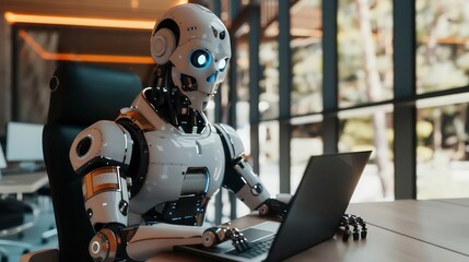 Poster - A humanoid robot sits at a desk in a modern office, using a laptop computer.