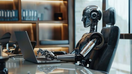 Poster - A metallic robot sits at a desk, using a laptop computer.