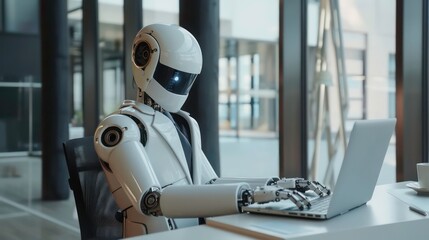 Poster - A humanoid robot wearing a suit sits at a desk typing on a laptop.