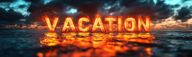 Wall Mural - A close up of a fire burning word on a beach, banner, copy space, travel concept