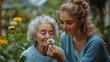 © Five Million Stock - Female caregiver and senior woman in wheelchair holding dandelion, picking wild flowers. Nurse and elderly woman enjoying a warm day in nursing home, public park.