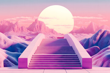 Wall Mural - Escalier vers le soleil dans un paysage étrange mauve