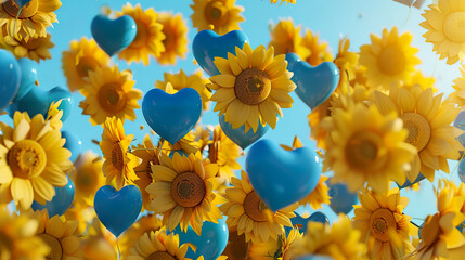 Horizontal yellow and blue background in the colors of the Ukrainian flag with hearts and sunflowers. Illustration for banners, posters, postcards.