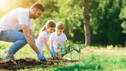 A father and children planting a young tree together in a sunny park. A beautiful moment of bonding and environmental care.