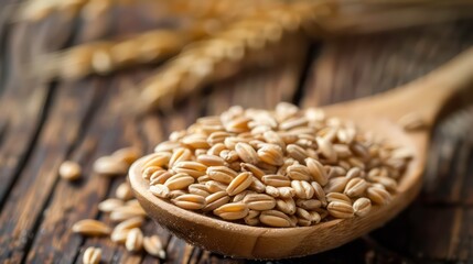 Close-up of oat groats in wooden spoon on rustic wooden background.