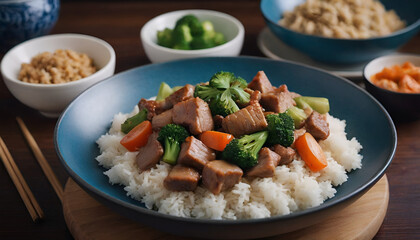 Sticker - pork stir fry in a bowl