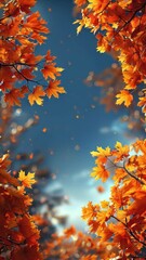 Wall Mural - Autumn background with orange fall foliage leaves, blue sky. Autumn landscape with maple trees and sun. Natural background, slow motion footage 
