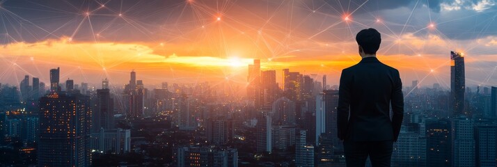 Canvas Print - A businessman stands silhouetted against a city skyline at sunset, looking out at a network of connections that symbolize global business, technology, and opportunity. The sun setting over the city re